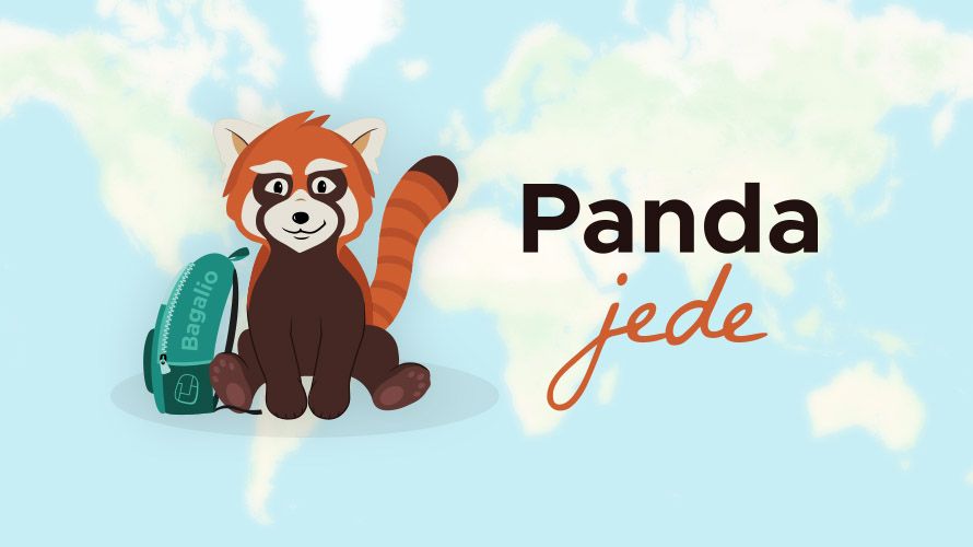 Kreslená panda červená s batohem Bagalio a nápis Panda jede